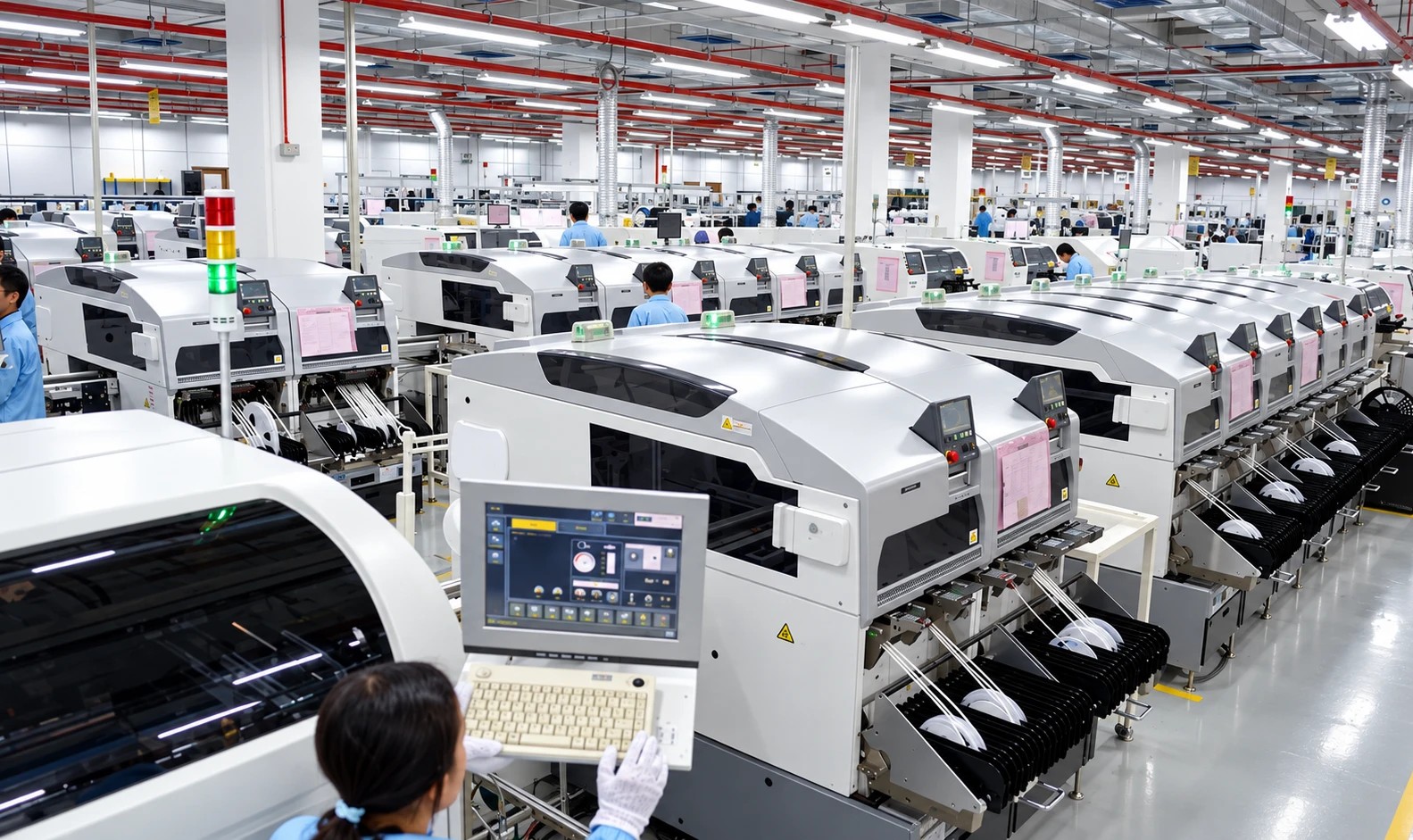 Electronics manufacturing floor with assembly equipment and operators